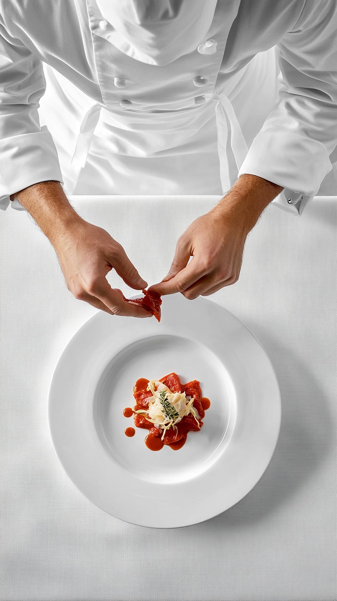 Instructor plating a composed dish on a neutral table